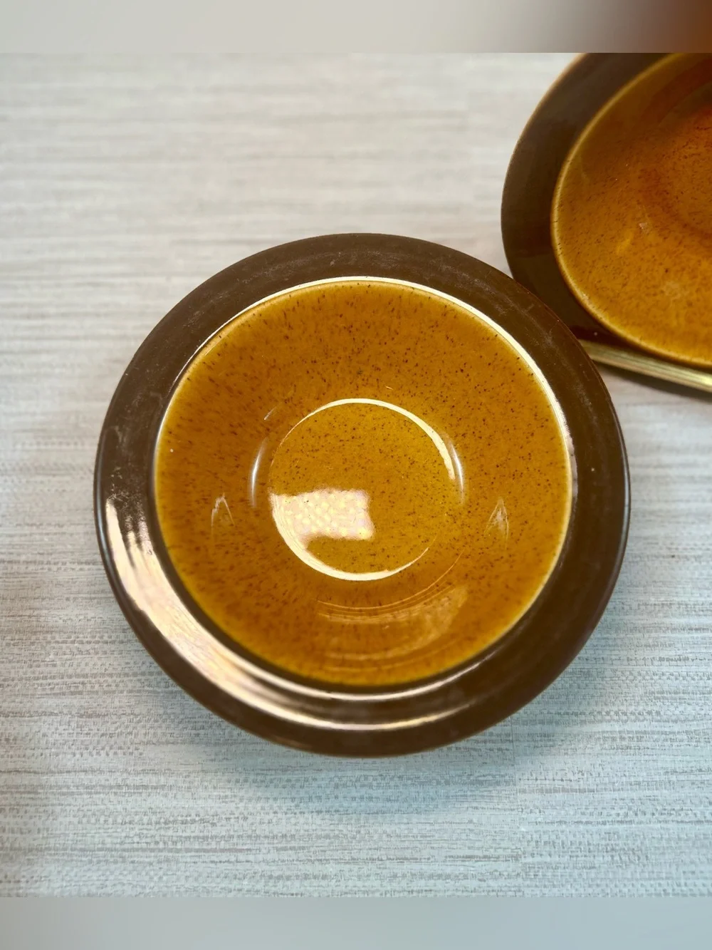 Vintage 1970s Stoneware Bowls Set of 3 Harvest Gold Brown Speckled MCM